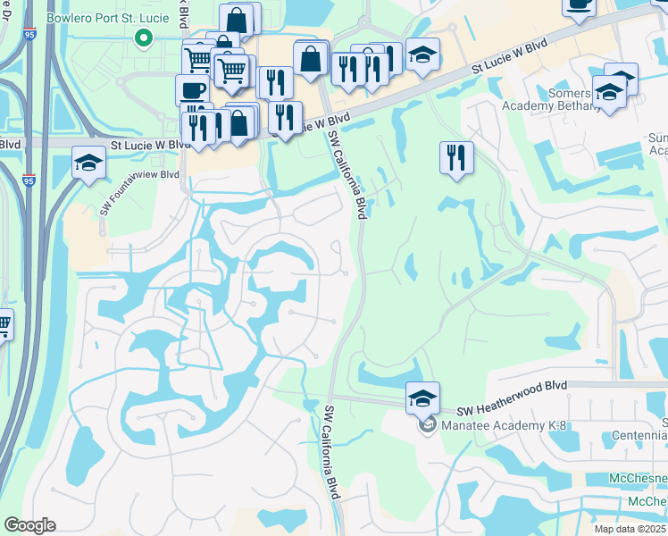 map of restaurants, bars, coffee shops, grocery stores, and more near 555 Southwest New Castle Cove in Port St. Lucie