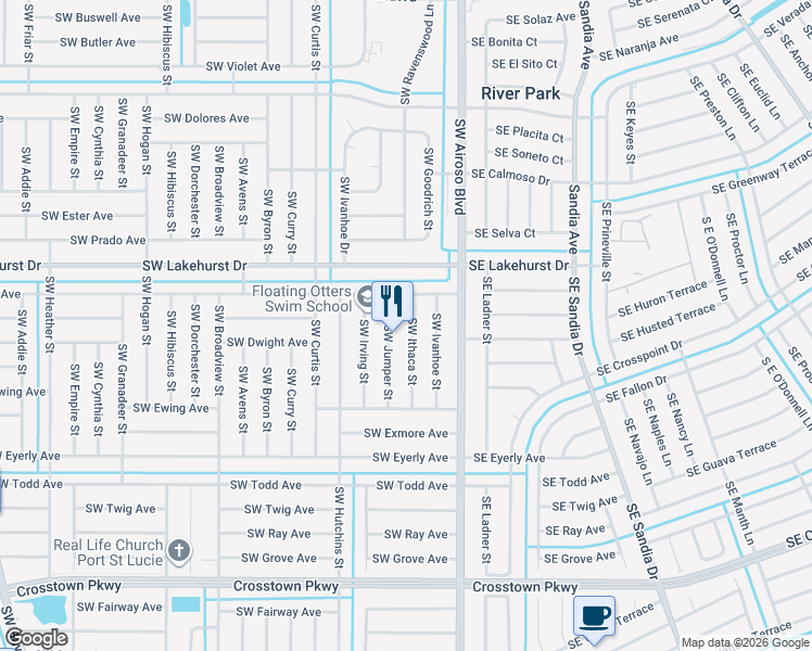 map of restaurants, bars, coffee shops, grocery stores, and more near 1126 Southwest Ithaca Street in Port St. Lucie