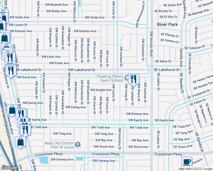 map of restaurants, bars, coffee shops, grocery stores, and more near 320 Southwest Duxbury Avenue in Port St. Lucie