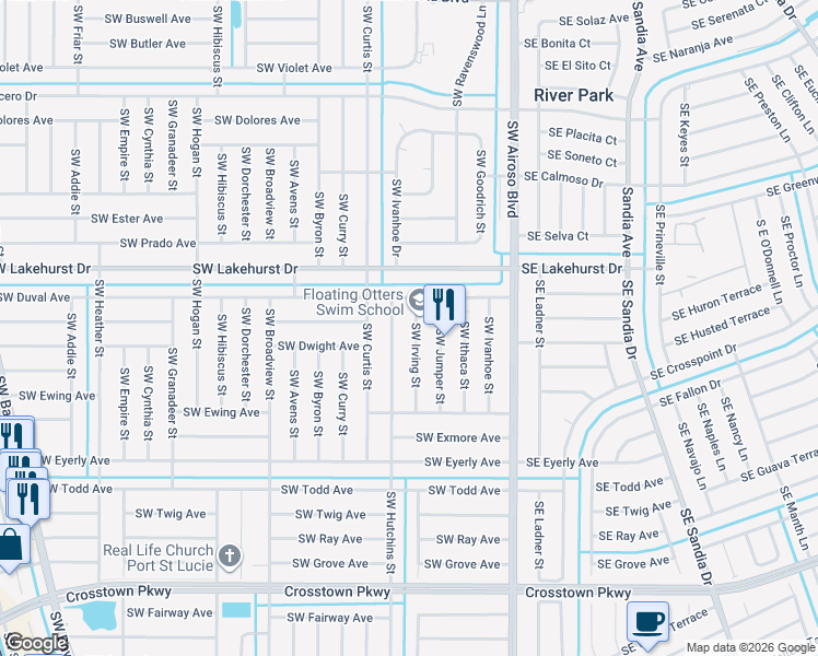 map of restaurants, bars, coffee shops, grocery stores, and more near 1126 Southwest Irving Street in Port St. Lucie