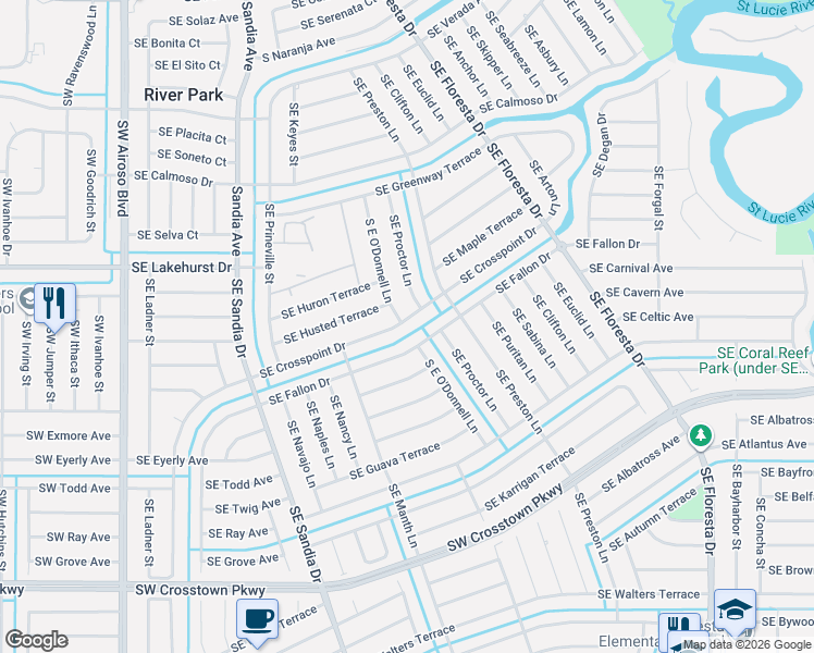 map of restaurants, bars, coffee shops, grocery stores, and more near 402 Southeast Crosspoint Drive in Port St. Lucie