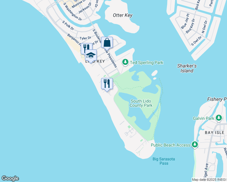 map of restaurants, bars, coffee shops, grocery stores, and more near 1234 Benjamin Franklin Drive in Sarasota