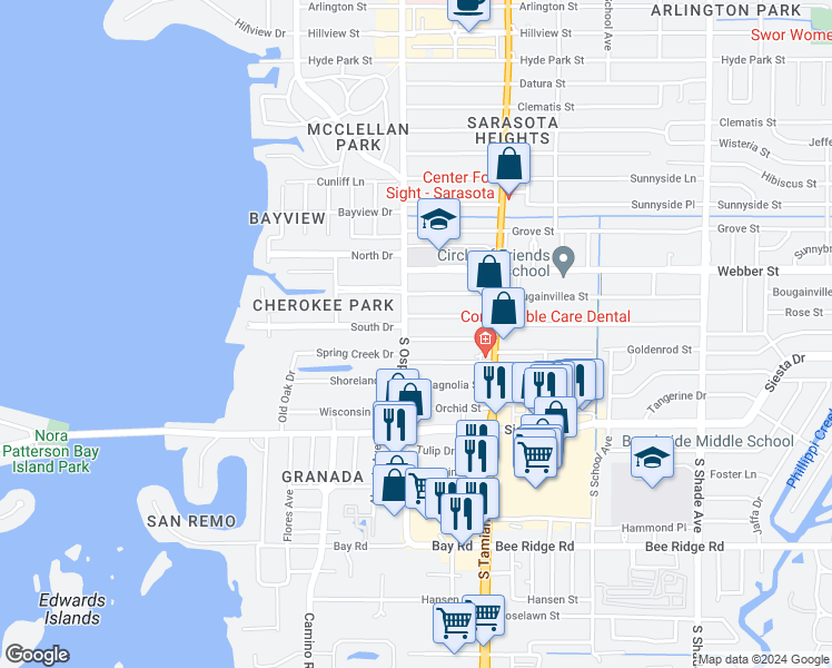 map of restaurants, bars, coffee shops, grocery stores, and more near 1807 Oleander Street in Sarasota