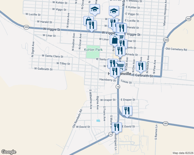 map of restaurants, bars, coffee shops, grocery stores, and more near 112 South Rigma Avenue in Hebbronville