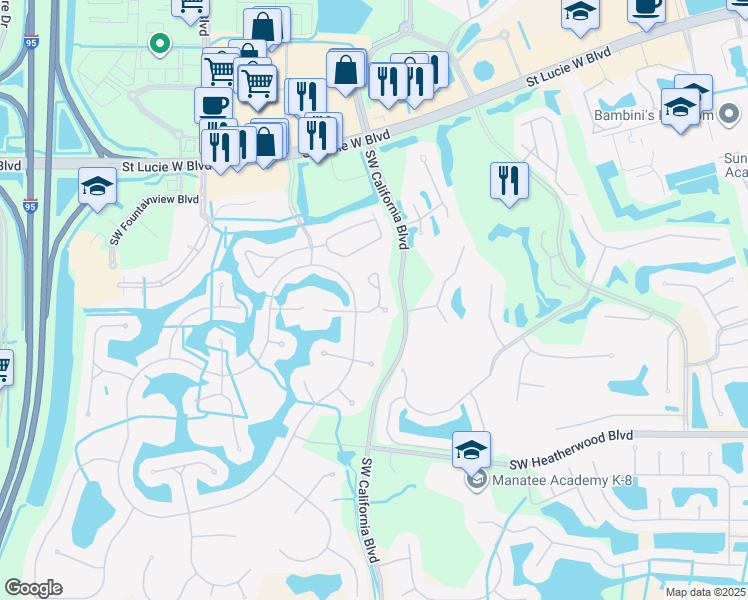 map of restaurants, bars, coffee shops, grocery stores, and more near 557 Southwest New Castle Cove in Port St. Lucie