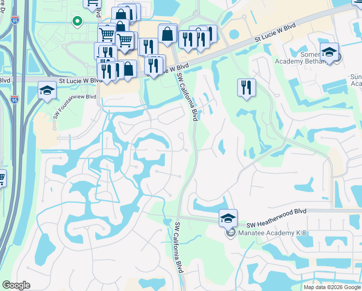 map of restaurants, bars, coffee shops, grocery stores, and more near 557 Southwest New Castle Cove in Port St. Lucie