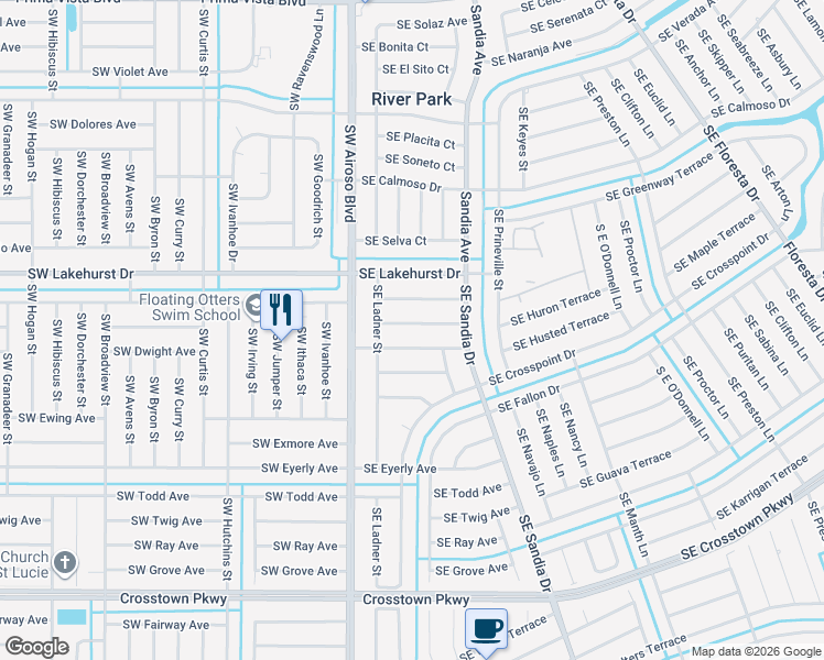 map of restaurants, bars, coffee shops, grocery stores, and more near 150 Southeast Duxbury Avenue in Fort Pierce