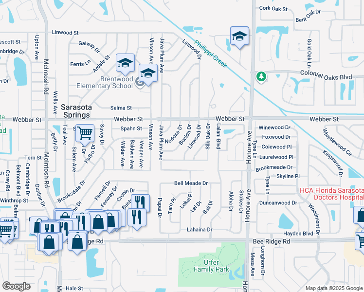 map of restaurants, bars, coffee shops, grocery stores, and more near 3007 Bucida Drive in Sarasota