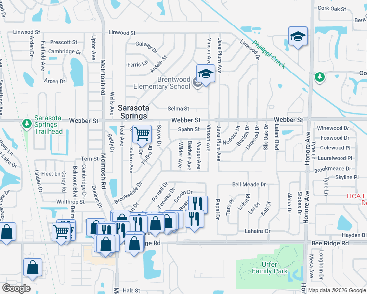 map of restaurants, bars, coffee shops, grocery stores, and more near 3019 Baldwin Avenue in Sarasota