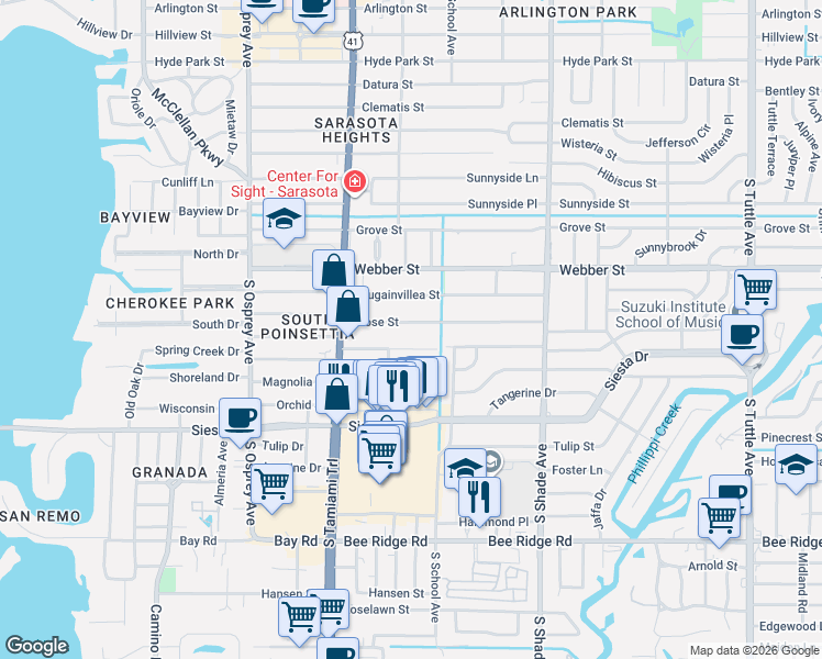 map of restaurants, bars, coffee shops, grocery stores, and more near 2154 Rose Street in Sarasota
