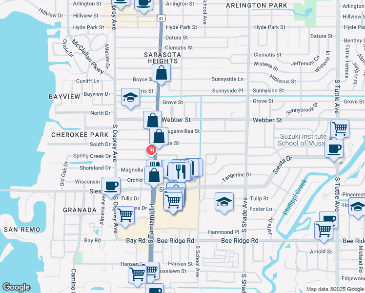 map of restaurants, bars, coffee shops, grocery stores, and more near 2074 Rose Street in Sarasota