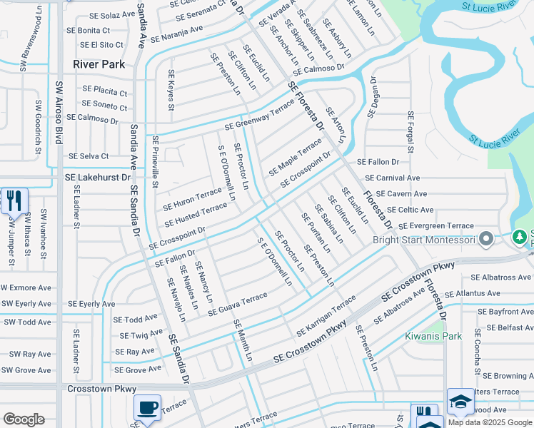 map of restaurants, bars, coffee shops, grocery stores, and more near 485 Southeast Fallon Drive in Port St. Lucie