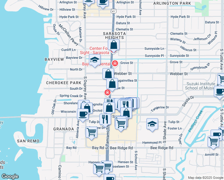 map of restaurants, bars, coffee shops, grocery stores, and more near 3003 South Tamiami Trail in Sarasota