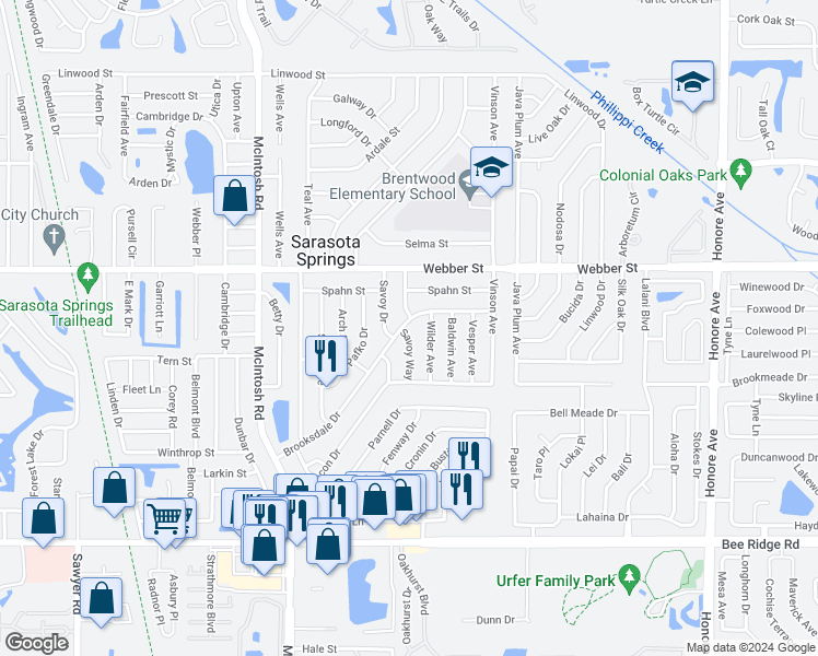 map of restaurants, bars, coffee shops, grocery stores, and more near 4594 Brooksdale Drive in Sarasota