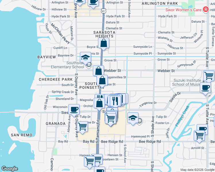 map of restaurants, bars, coffee shops, grocery stores, and more near 2074 Rose Street in Sarasota