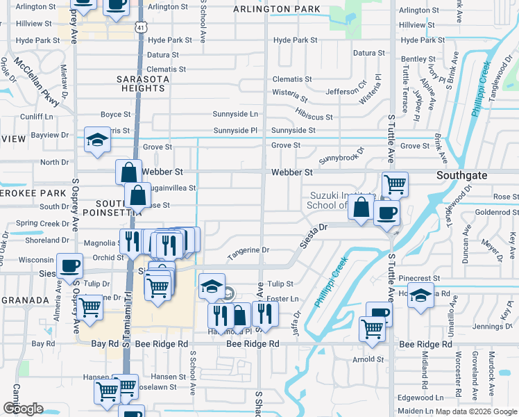 map of restaurants, bars, coffee shops, grocery stores, and more near 2382 Rose Street in Sarasota