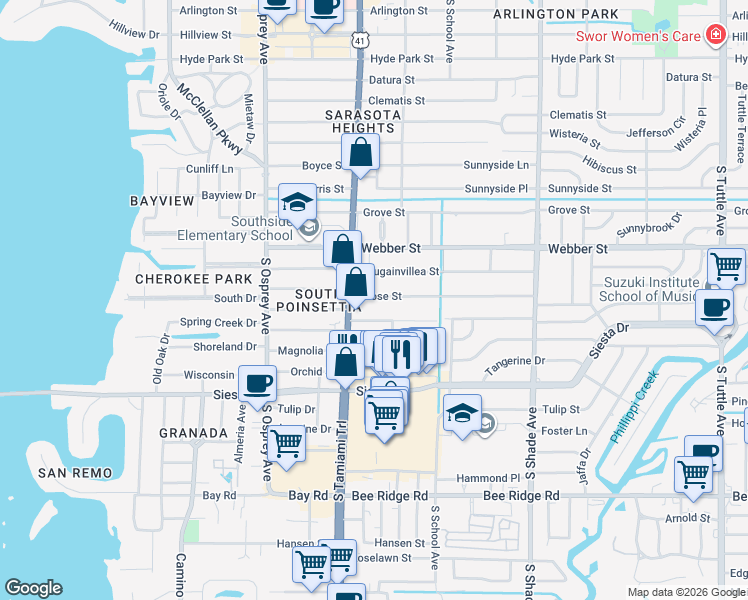 map of restaurants, bars, coffee shops, grocery stores, and more near 2074 Rose Street in Sarasota