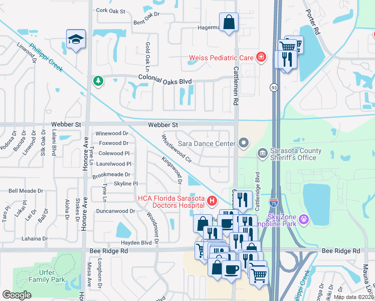 map of restaurants, bars, coffee shops, grocery stores, and more near 5844 Countrywood Drive in Sarasota