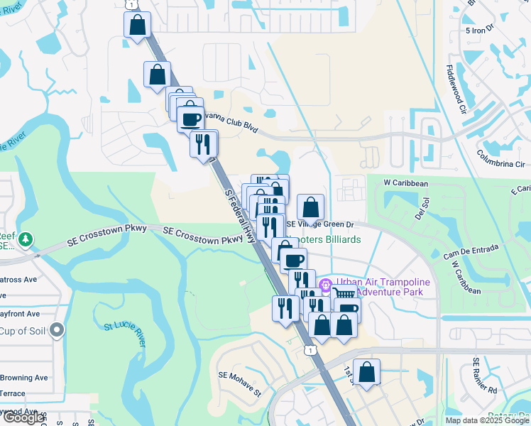 map of restaurants, bars, coffee shops, grocery stores, and more near 1433 Southeast Village Green Drive in Port St. Lucie