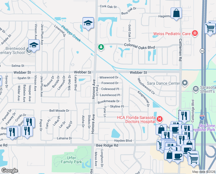 map of restaurants, bars, coffee shops, grocery stores, and more near 5326 Colewood Place in Sarasota