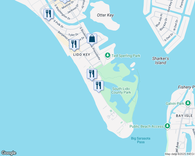 map of restaurants, bars, coffee shops, grocery stores, and more near 1234 Benjamin Franklin Drive in Sarasota