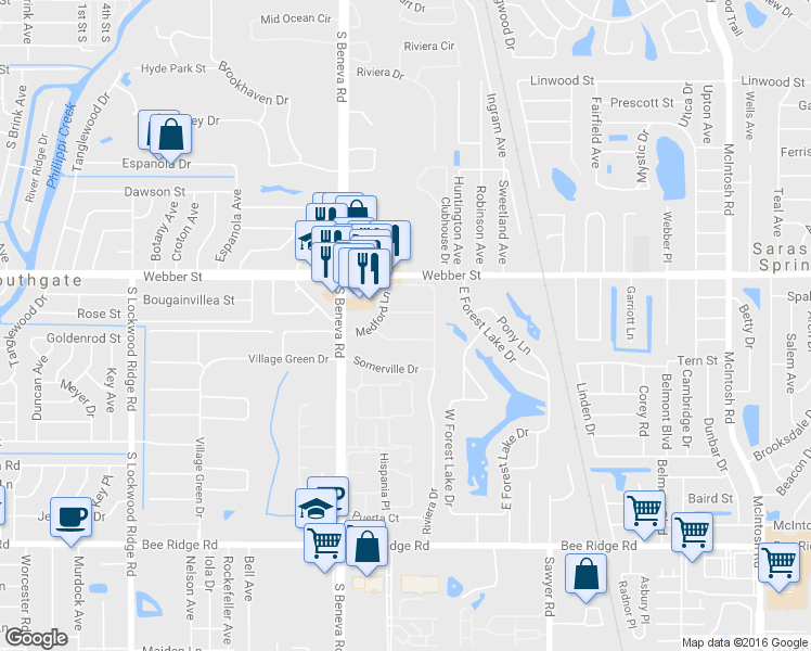 map of restaurants, bars, coffee shops, grocery stores, and more near 3717 Amesbury Lane in Sarasota