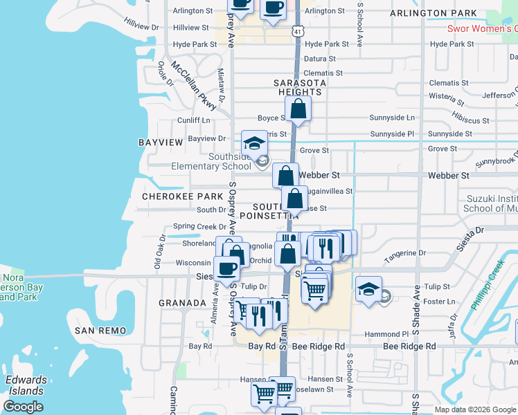 map of restaurants, bars, coffee shops, grocery stores, and more near 1925 Oleander Street in Sarasota