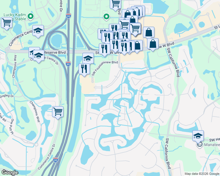 map of restaurants, bars, coffee shops, grocery stores, and more near 104 Southwest Peacock Boulevard in Port St. Lucie