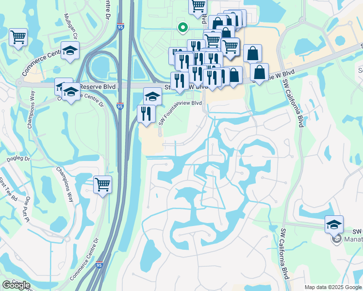 map of restaurants, bars, coffee shops, grocery stores, and more near 104 Southwest Peacock Boulevard in Port St. Lucie
