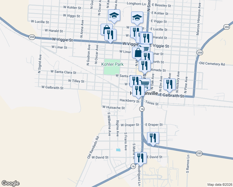 map of restaurants, bars, coffee shops, grocery stores, and more near 112 South Rigma Avenue in Hebbronville