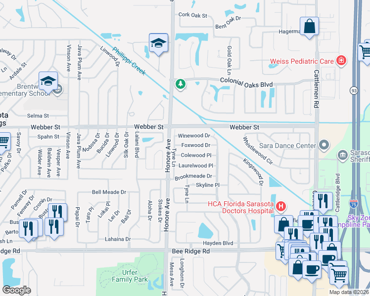 map of restaurants, bars, coffee shops, grocery stores, and more near 5326 Colewood Place in Sarasota