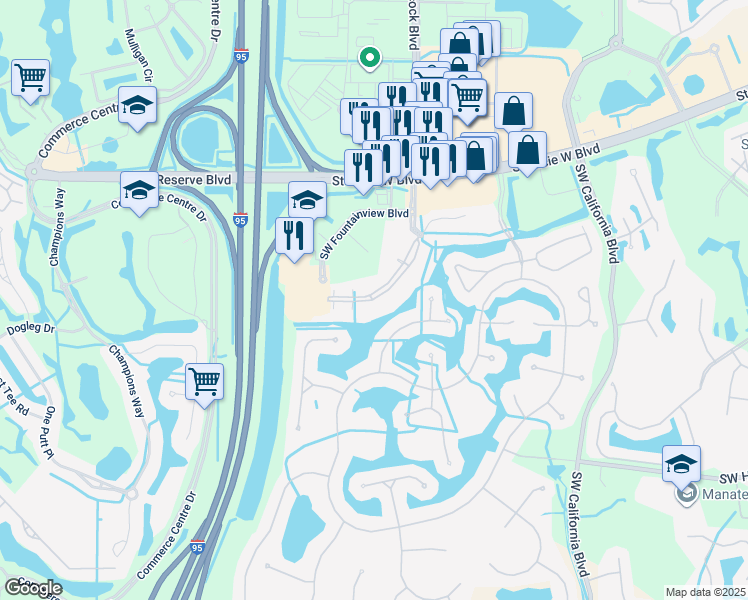 map of restaurants, bars, coffee shops, grocery stores, and more near 104 Southwest Peacock Boulevard in Port St. Lucie
