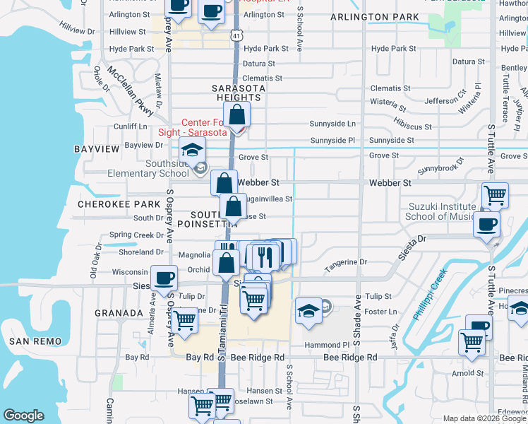 map of restaurants, bars, coffee shops, grocery stores, and more near 2074 Rose Street in Sarasota