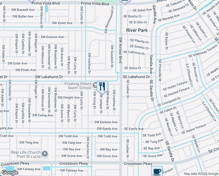 map of restaurants, bars, coffee shops, grocery stores, and more near 1126 Southwest Ithaca Street in Port St. Lucie