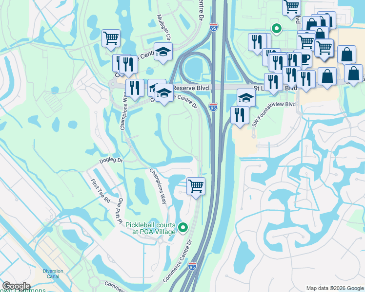 map of restaurants, bars, coffee shops, grocery stores, and more near 8565 Commerce Centre Drive in Port St. Lucie