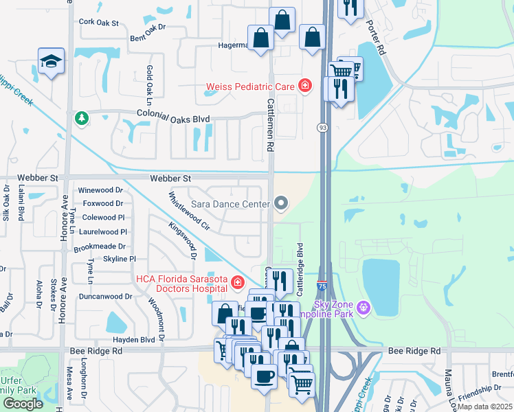 map of restaurants, bars, coffee shops, grocery stores, and more near 2840 Indianwood Drive in Sarasota
