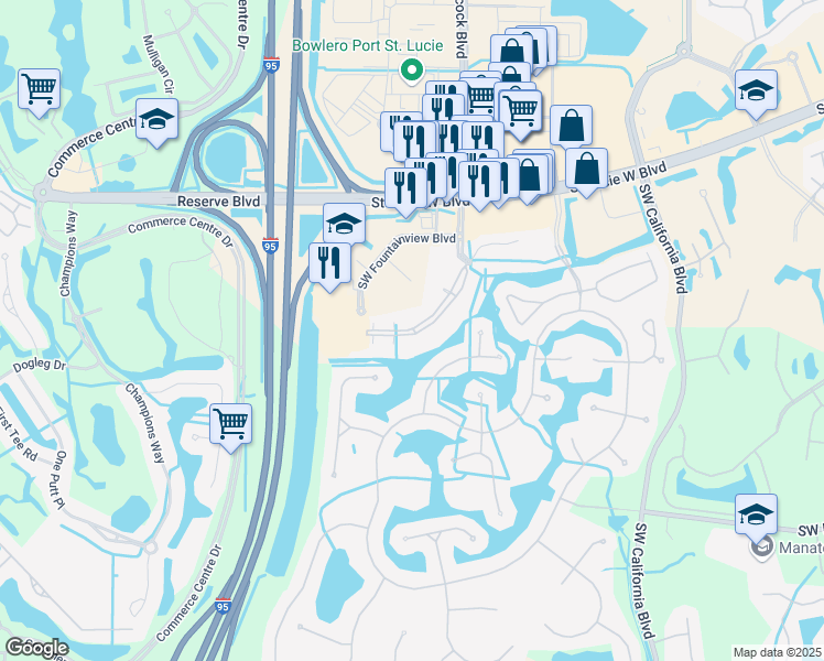 map of restaurants, bars, coffee shops, grocery stores, and more near 160 Southwest Peacock Boulevard in Port St. Lucie