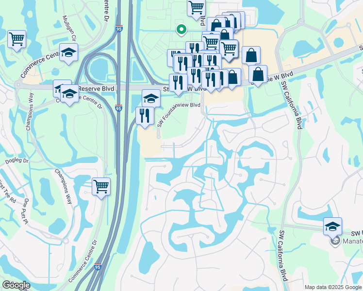 map of restaurants, bars, coffee shops, grocery stores, and more near 160 Southwest Peacock Boulevard in Port St. Lucie