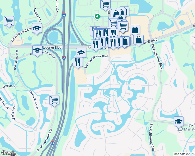 map of restaurants, bars, coffee shops, grocery stores, and more near 160 Southwest Peacock Boulevard in Port St. Lucie