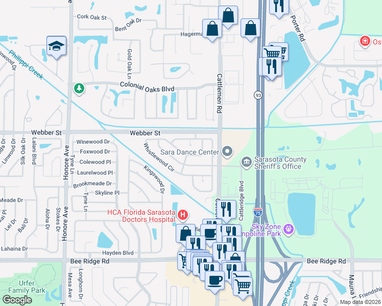 map of restaurants, bars, coffee shops, grocery stores, and more near 5724 Whistlewood Circle in Sarasota