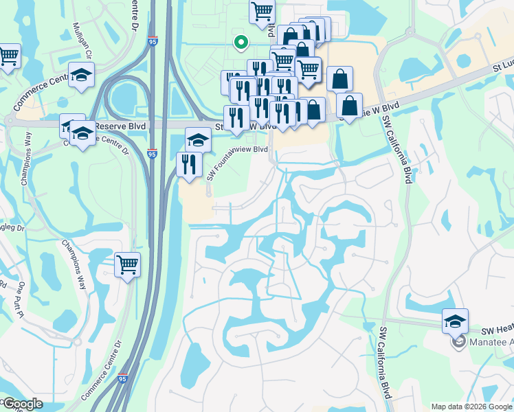 map of restaurants, bars, coffee shops, grocery stores, and more near 160 Southwest Peacock Boulevard in Port St. Lucie