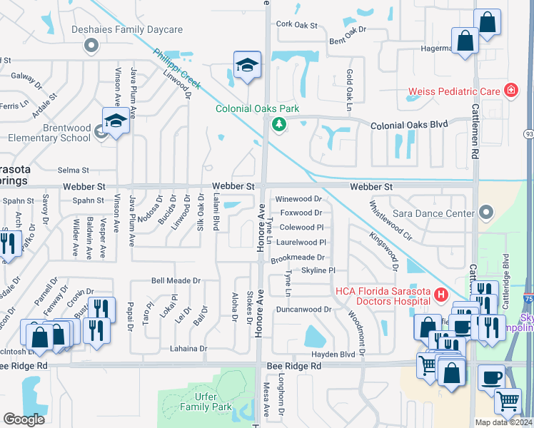 map of restaurants, bars, coffee shops, grocery stores, and more near 3200 Tyne Lane in Sarasota