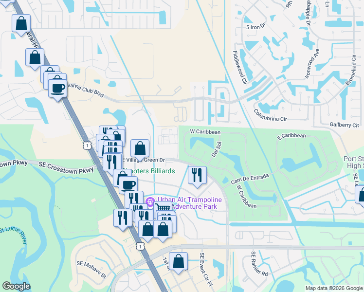map of restaurants, bars, coffee shops, grocery stores, and more near 218 West Caribbean in Port St. Lucie