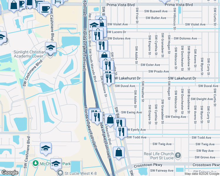 map of restaurants, bars, coffee shops, grocery stores, and more near 1031 Southwest Bayshore Boulevard in Port St. Lucie