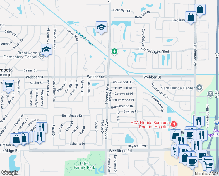 map of restaurants, bars, coffee shops, grocery stores, and more near 3104 Tyne Lane in Sarasota