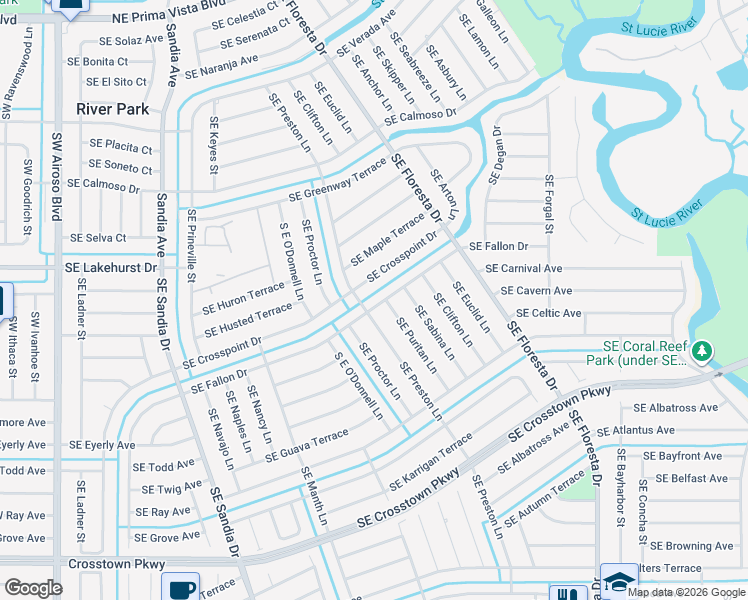 map of restaurants, bars, coffee shops, grocery stores, and more near 517 Southeast Fallon Drive in Port St. Lucie