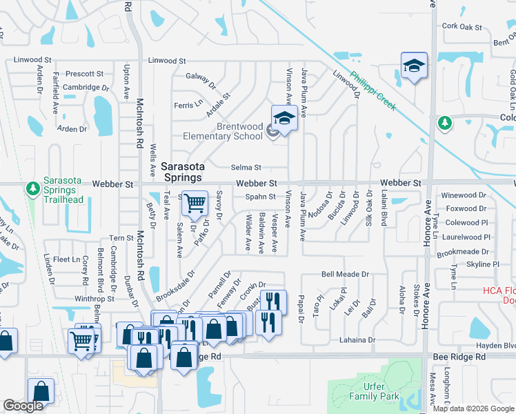 map of restaurants, bars, coffee shops, grocery stores, and more near 4700 Spahn Street in Sarasota