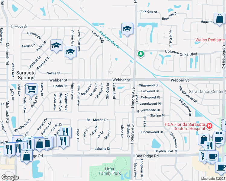 map of restaurants, bars, coffee shops, grocery stores, and more near 3012 Lalani Boulevard in Sarasota