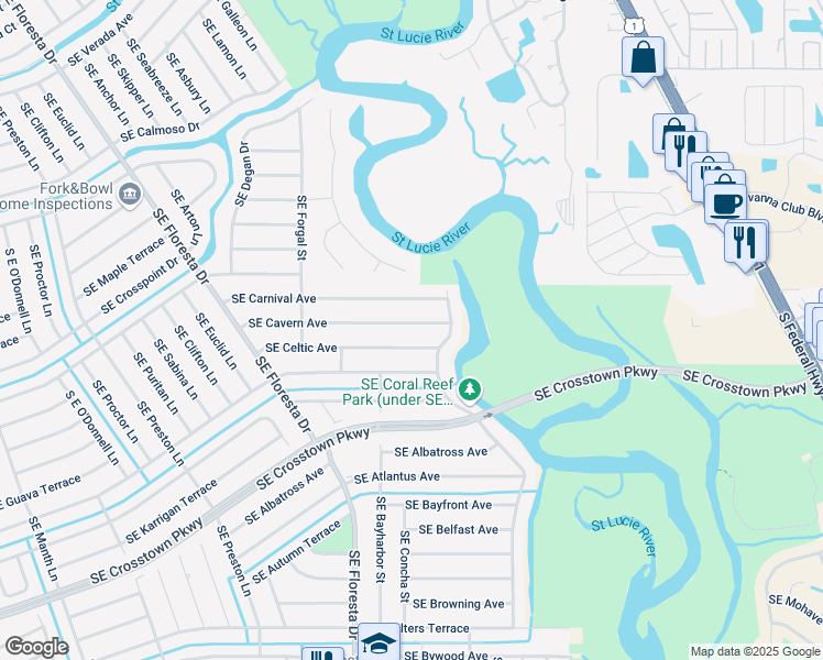 map of restaurants, bars, coffee shops, grocery stores, and more near 849 Southeast Cavern Avenue in Port St. Lucie