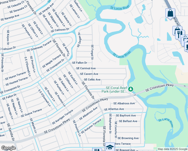 map of restaurants, bars, coffee shops, grocery stores, and more near 857 Southeast Forgal Street in Port St. Lucie